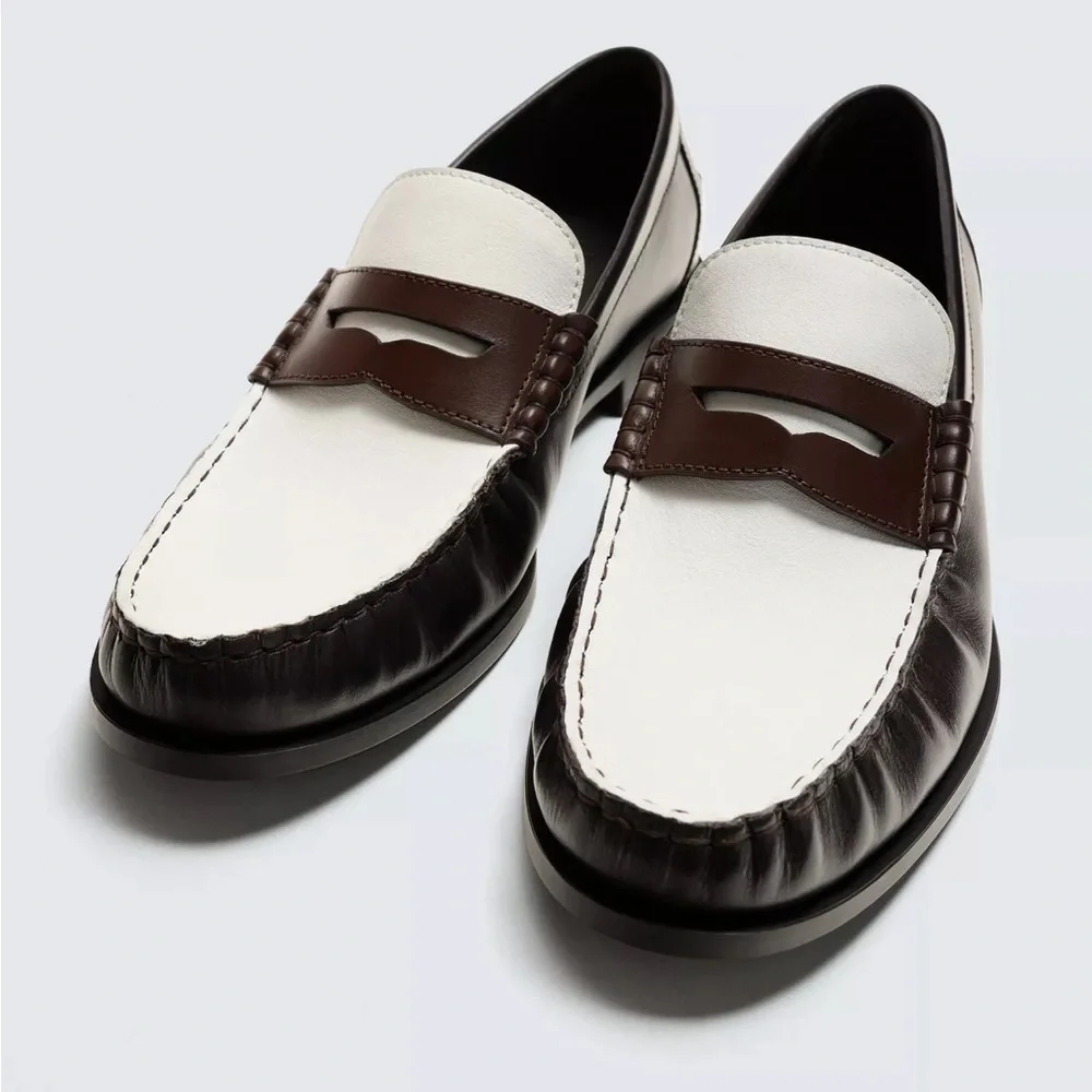 Zara Leather Two Tone Penny Loafers Brown White Preppy Old Money NWT 41 EU 8 US